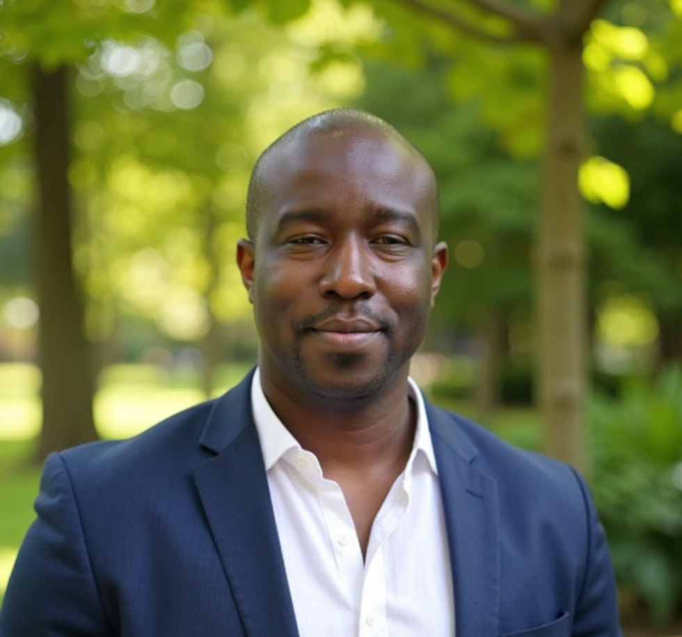 Wayne Anderson in a navy blazer, photographed in a sunlit park